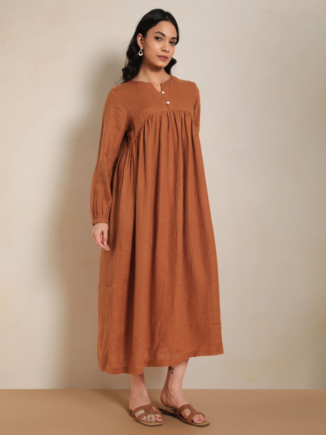 Eco Gather Linen Dress in Rust 100% Pure Linen | Minimal & Sustainable Fashion by Ecothread